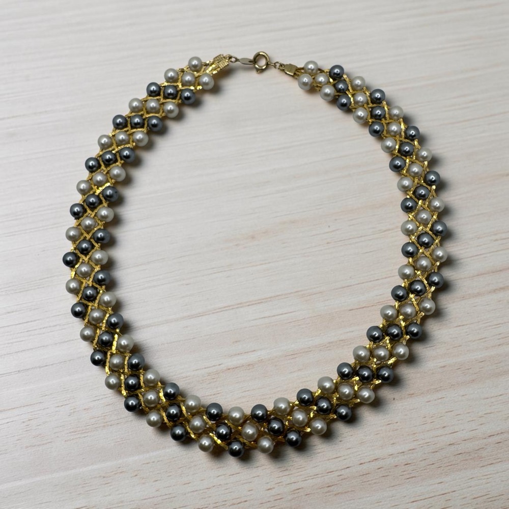 Vintage Woven Faux Pearl Bib Necklace Gold Tone White Grey Triple Strand
